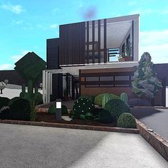 a rendering of a modern house with trees and bushes in front of the entrance area