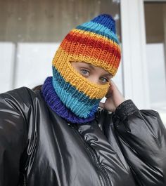 . Women's knitted striped balaclava made of thick yarn. Bright stripes a good mood in cold winter!Warm, not prickly. Adult female size. Production takes 3 5 days. Knitted Balaclava, Custom Sweaters, Bright Stripes, Thick Yarn, Knitted Hood, Hand Knitted Sweaters, Mohair Sweater, High End Fashion, Good Mood