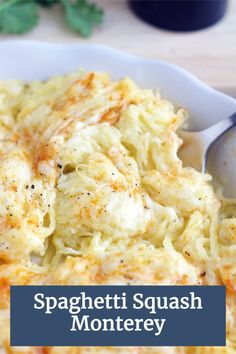 spaghetti squash monteerole in a white bowl with a spoon