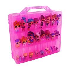 a pink plastic case filled with lots of littlest pet shop dolls on display in front of a white background