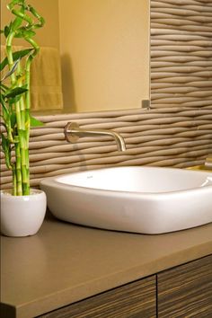 a bamboo plant is sitting in front of a white bowl on a counter top next to a sink