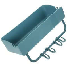 an empty blue plastic container with four hooks