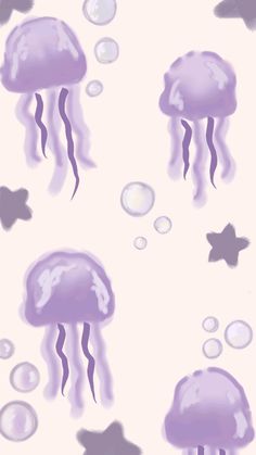 purple jellyfish and starfish bubbles on a white background with black stars in the bottom right corner