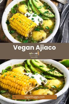 two bowls filled with soup and topped with corn on the cob, avocado