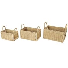 three wicker baskets with handles and handles