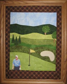 a painting of a man playing golf on a green with trees and hills in the background