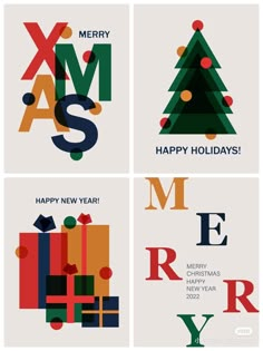 four christmas cards with the words merry, merry and merry written in different font styles