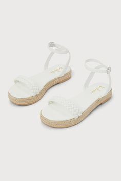 The Lulus Iriala White Raffia Flatform Espadrille Sandals were especially made for some fun in the sun! Smooth faux leather shapes these vacation-ready sandals that have a slide silhouette with a woven raffia flatform sole. Two woven straps form an open toe upper while slender straps wrap around the ankle and secure with a gold buckle. 1. 5" flatform heel. Lightly cushioned insole. Rubber sole has nonskid markings. Man made materials. Imported. Lulus | Iriala White Raffia Flatform Espadrille San Summer Vacation Woven Leather Slingback Sandals, Summer Beach Woven Leather Slingback Sandals, Leather Sandals With Woven Sole, Closed Toe Footbed Sandals For Summer Vacation, Vacation Espadrilles With Removable Insole And Open Heel, Beach Slingback Sandals With Woven Sole And Round Toe, White Footbed Sandals With Single Toe Strap For Beach, Beach Slingback Sandals With Woven Sole, White Single Toe Strap Beach Footbed Sandals