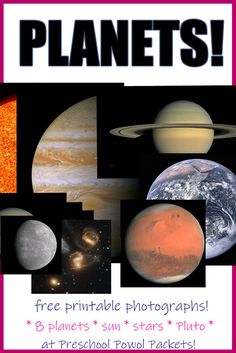 an image of planets with the text free printable photographs 8 planets sun stars pluto