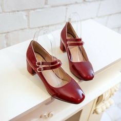 Red Mary Jane Block Heels, Fitted Mary Jane Heels With 4-inch Heel, Red Mary Janes With Buckle Closure And Round Toe, Mary Jane T-strap Heels With Buckle Closure, Leather Mary Janes With 4-inch Heel, Mary Janes Shoes, Dream Shoe, Square Toe Shoes