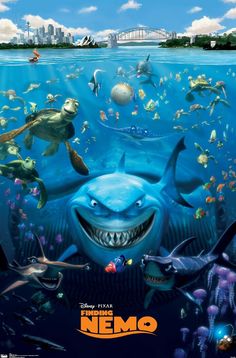 the poster for disney's finding nemo, which features sharks and other sea creatures