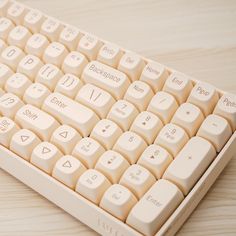 a computer keyboard sitting on top of a wooden table