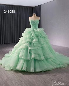 Green Strapless Ruffled Tiered Wedding Gown Beaded Lace Quinceanera Dr – Viniodress Wedding Gown Beaded, Green Ball Gown, Mint Green Prom Dress, Tiered Prom Dress, Beaded Wedding Gowns, Ruffle Prom Dress, Ruffle Wedding Dress, Ball Gown Skirt, Luxury Wedding Dress