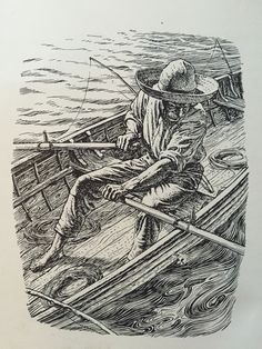 a drawing of a man sitting on top of a boat in the middle of water