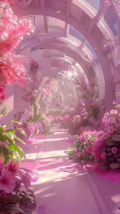 the inside of a flower shop with pink flowers