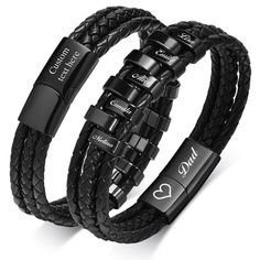 PRICES MAY VARY. ❤ Stylish and durable❤ : Made from high-quality braided leather, this bracelet features a multi-strand braided band that exudes a fashionable and rugged look. with Stainless Steel clasp and beads. A masculine and handsome look bracelet for men.Versatile accessory, Suitable for various occasions, this bracelet can effortlessly complement any casual or semi-formal outfit, adding a touch of sophistication to the wearer's style.Fashion Men's accessories. ❤ Personalized engraving❤: E Personalized Cuff Bracelets, Mens Bracelet Black, Personalized Leather Bracelet, Rugged Look, Dad Son, Anniversary Gifts For Husband, Braided Leather Bracelet, Mens Leather Bracelet, Just Because Gifts