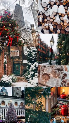 a collage of photos with christmas decorations and buildings in the background, including a tree