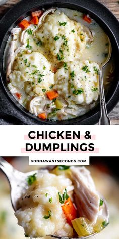 chicken and dumplings in a skillet with a spoon full of dumpling on the side