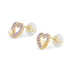 These girls stud earrings are made of 14K yellow gold, each earring features two hearts - one open heart outlined with cubic zirconia to simulate 12-month birthstone and one high polished 14K gold heart. 14K yellow gold core silicone push on back is comfortable, easy grip, safe and secure, it suits children with short post. Age (Yrs): 0-10 (Age recommendation is approximate) Metal: 14K Yellow Gold Earring Back: Silicone Push On Other Measurement: Heart Width: 5/16 inch Weight: 0.7 g Birthstones By Month, Heart Outline, Hearts Girl, Double Heart, Two Hearts, Yellow Gold Earring, Open Heart, February Birth Stone, October Birth Stone