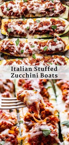 stuffed zucchini boats with meat and cheese on top are shown in three different ways