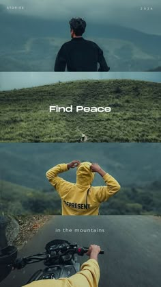 two different views of a person riding a motorcycle on the road, one with his hands behind his head