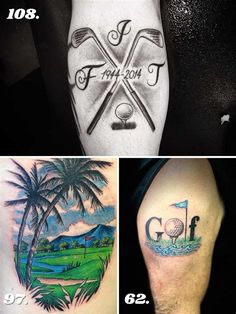 some tattoos that are on the side of someone's leg and one has a golf ball