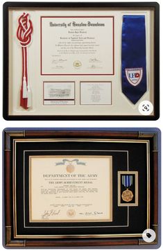 two framed diplomas, one with an award ribbon and the other with a certificate