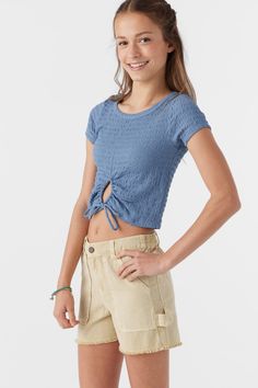 O'Neill Girl's knit short sleeve top Crop length Circular center front drawstring tunnel Crew neckline 95% Polyester, 5% Elastane Textured Knit Knit Short Sleeve Top, Flannel Outfits, Spring Suit, Denim Sweater, Knit Short, Top Crop, Knitting Girls, Suit Accessories, Baby Bump