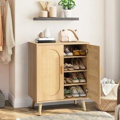 a wooden cabinet with shoes and purses on it