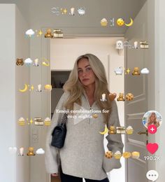 a woman standing in front of a door surrounded by emoticions