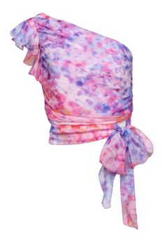 Indulge in the simply sweet style of Amanda Uprichard's Cotton Candy "Bea Top"! The ruffled one shoulder and wrap tie detail give it a flirty feel, while it's pink, purple and yellow watercolor print adds a whimsical charm. Pairs perfectly with white denim and open-toe mules for a dreamy look. Size S Self 100% Polyester Lining 95% Polyester, 5% Elastane Hidden side zipper Wrap tie detailing Ruffled one shoulder Bust 31" Shoulder to hem (right) 19" Spring Pink Fitted One Shoulder Top, Spring Fitted Pink One Shoulder Top, Summer Party Ruched One-shoulder Top, Summer Party One Shoulder Ruched Top, Fitted One Shoulder Top For Beach In Spring, Fitted One Shoulder Top For Beach, Spring, Chic Ruched One Shoulder Top For Summer, Summer One Shoulder Ruffle Top For Party, Summer One Shoulder Top With Ruffles For Party