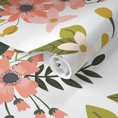 a floral wallpaper with pink, green and purple flowers on white background that is very soft