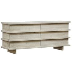 a white wooden dresser with three drawers on one side and two shelves on the other