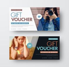 two gift voucher cards with a woman holding a camera