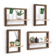 three wooden shelves with plants and vases on them