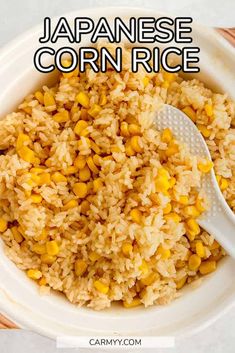 japanese corn rice in a white bowl with a spoon