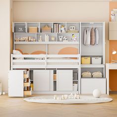 a child's bedroom with a loft bed, desk and storage space for toys