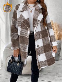 Plus Size Women Plaid Lapel Neck Long Sleeve Fleece Casual Jacket, Autumn/Winter Multicolor Casual  Long Sleeve Flannelette Gingham,Plaid Teddy Slight Stretch  Women Plus Clothing, size features are:Bust: ,Length: ,Sleeve Length: Fleece Plaid, Wool Peacoat, Hooded Cardigan, Plus Size Kleidung, Buffalo Check, Clothing Size Chart, Womens Clothing Sizes, Casual Look