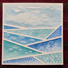 a watercolor painting with blue and green waves on it's sides, under a cloudy sky