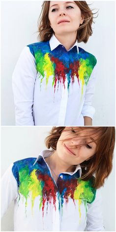 Artistic Multicolor Cotton Shirt, Rainbow Paint, Rainbow Shirt, Drip Painting, Tie Dye Top, Button Up Shirts, Hand Dyeing, Blouses For Women, Tie Dye