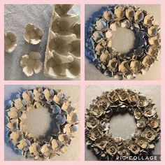 four pictures showing different stages of making an egg shell wreath