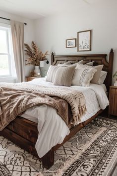 a bedroom with a bed, rug and window