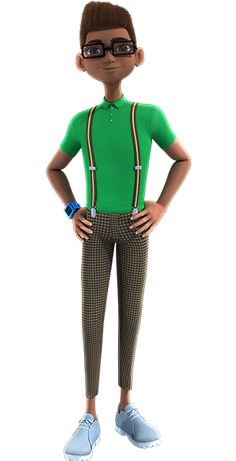 a cartoon boy with glasses and suspenders is standing in front of the camera, his hands on his hips