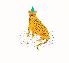 a cheetah wearing a party hat sitting on top of sprinkles