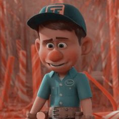 a close up of a cartoon character wearing a baseball cap