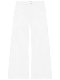 white cotton denim front button and zip fastening belt loops two side inset pockets two rear patch pockets wide leg high-waisted Cotton Wide Leg Flare Jeans With Belt Loops, Chic Wide Leg Cropped Jeans With Belt Loops, White Cropped Leg Jeans With Belt Loops, White Wide Leg Summer Pants With Belt Loops, White Cropped Jeans With Belt Loops, White Wide Leg Pants With Belt Loops For Summer, Cotton Cropped Leg Flare Jeans With Belt Loops, Cropped Cotton Flare Jeans With Belt Loops, White Wide-leg Pants With Belt Loops