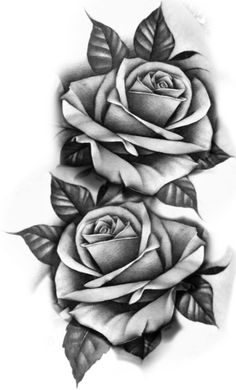 two roses with leaves are shown in black and white, one has a rose on it