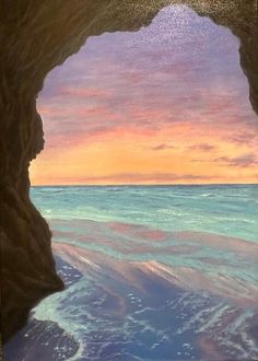 an oil painting of the ocean from inside a cave