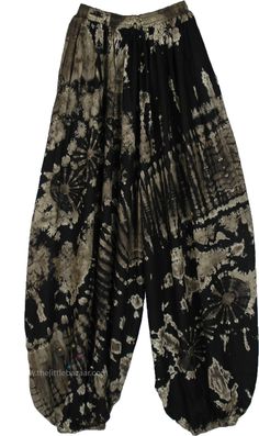 These rayon tie-dye flowy harem pants feature a bold black and grey design.  They have a relaxed fit with gathered elastic cuffs at the ankles, making them ideal for a free-spirited bohemian style. #tlb #SplitSkirtsPants #TieDye #bohemianfashion #hippieloungepants Bohemian Black Relaxed Fit Bottoms, Black Bohemian Harem Pants With Relaxed Fit, Black Bohemian Relaxed Fit Harem Pants, Black Hippie Bottoms With Elastic Waistband, Black Hippie Pants For Spring, Black Harem Pants For Spring Festival, Sade Style, Tie Dye Harem Pants, Chrysanthemum Tattoo