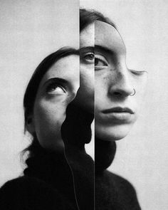 two women are shown with their faces split into equal sections, and the image is black and white